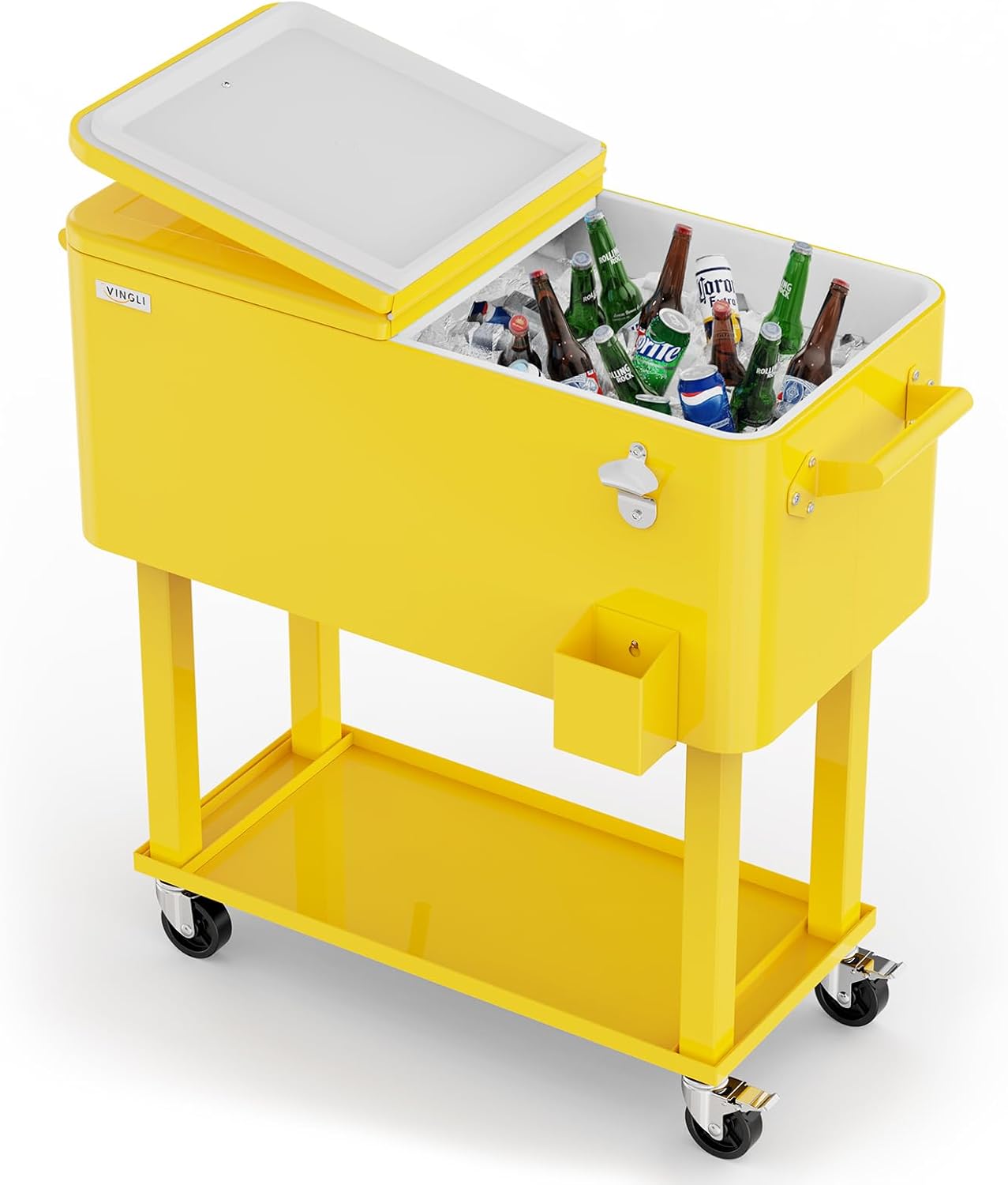 VINGLI Rolling Ice Chest, Portable Patio Party Bar Drink Cooler Cart, with Shelf, Beverage Pool with Bottle Opener