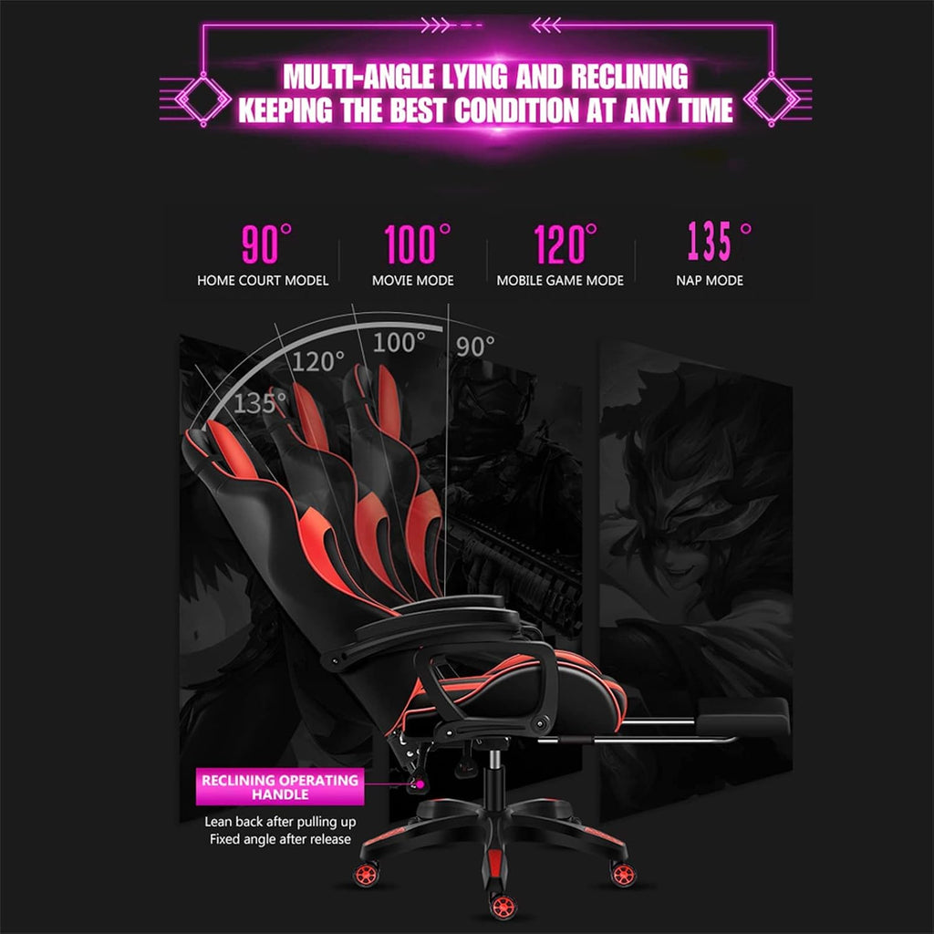 Gaming Chairs with Speakers, Gaming Chair with LED Light/Pro Full Massage Lumbar Support, High Back Office Chair-Gamer Chair with Footrest and Lumbar Support,Red