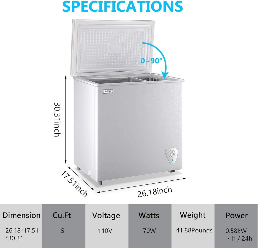 5.0 Cubic Feet Deep Chest Freezer Compact Freezers with Adjustable Thermostat Top Open Door with Removable Storage Basket for Home Kitchen and Bar