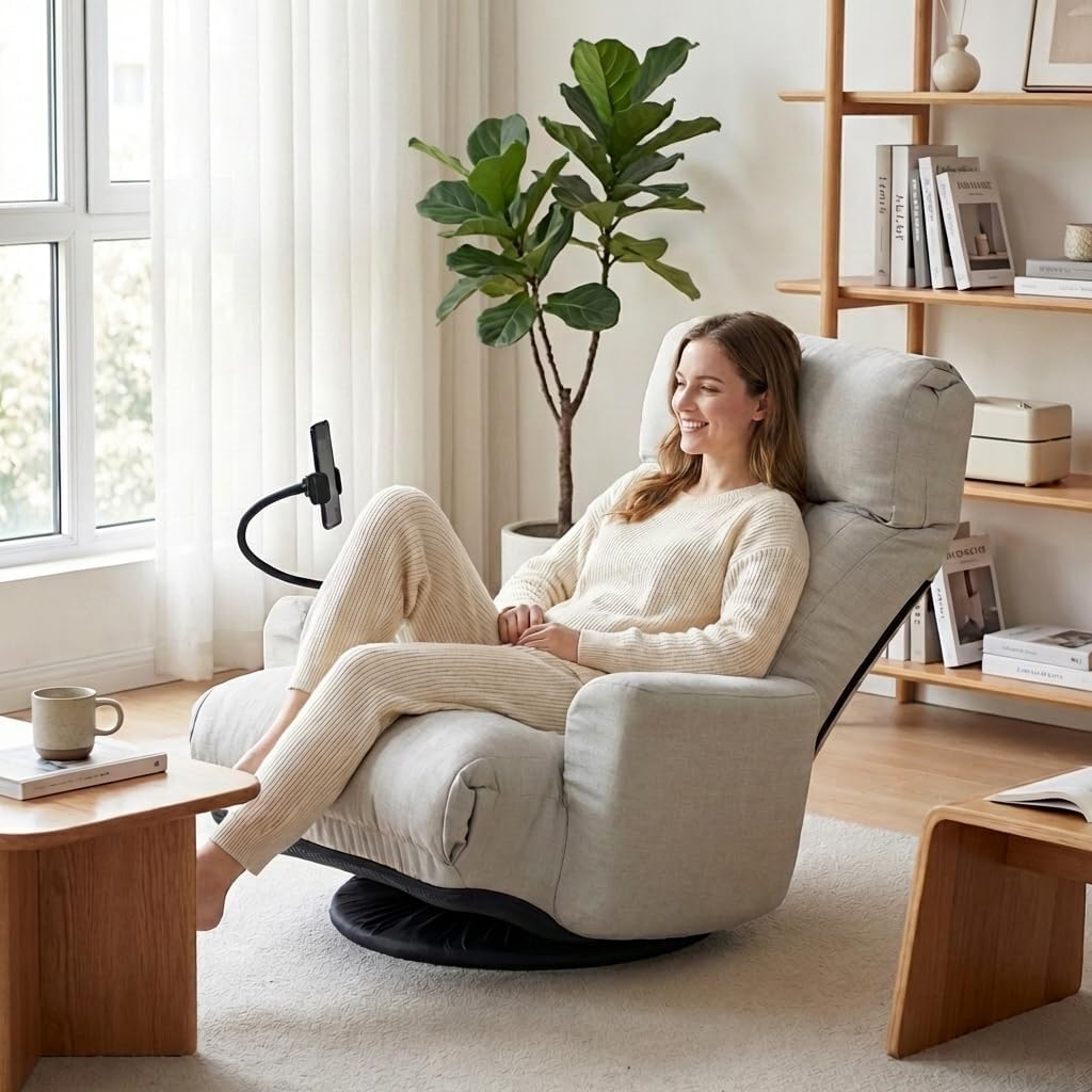 Gaming Chair Floor Sofa, Gaming Lounge Chair with 14-Section Head & 3-Section Waist Adjustment, 360° Swivel & Spring Seat for Gaming, Napping, Reading, Dorm, Small Apartment(Grey)