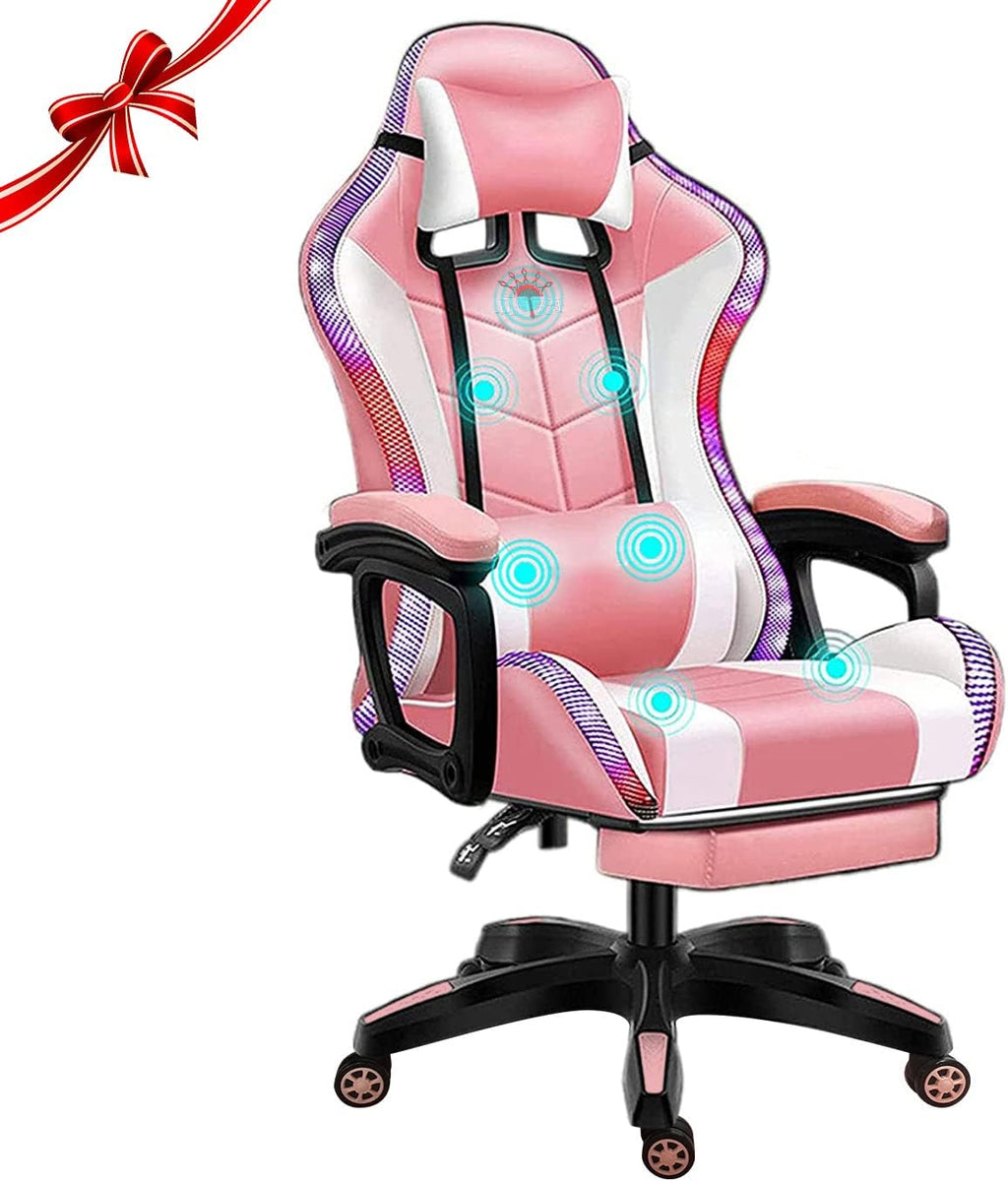 Gaming Chair with RGB LED Lights, Ergonomic Massage Computer Gaming Chair with Footrest and Bluetooth Speakers, High Back Video Game Chair with Swivel Seat, Headrest and Lumbar Support,Pink