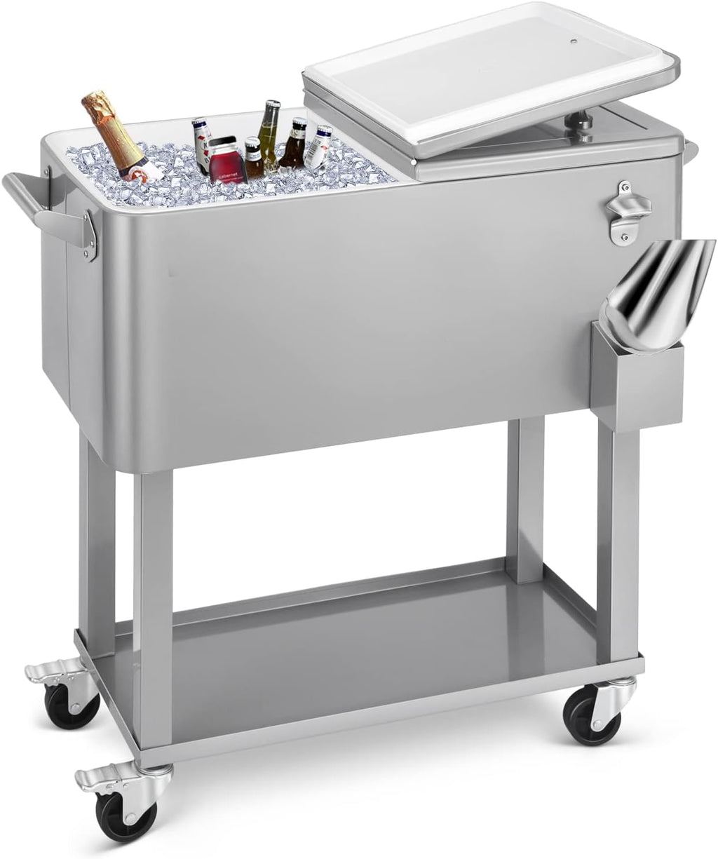 80 Quart Rolling Ice Chest Cooler Cart,Patio Backyard Party Drink Beverage Bar Stand Up Cooler Trolley with Ice Scoop