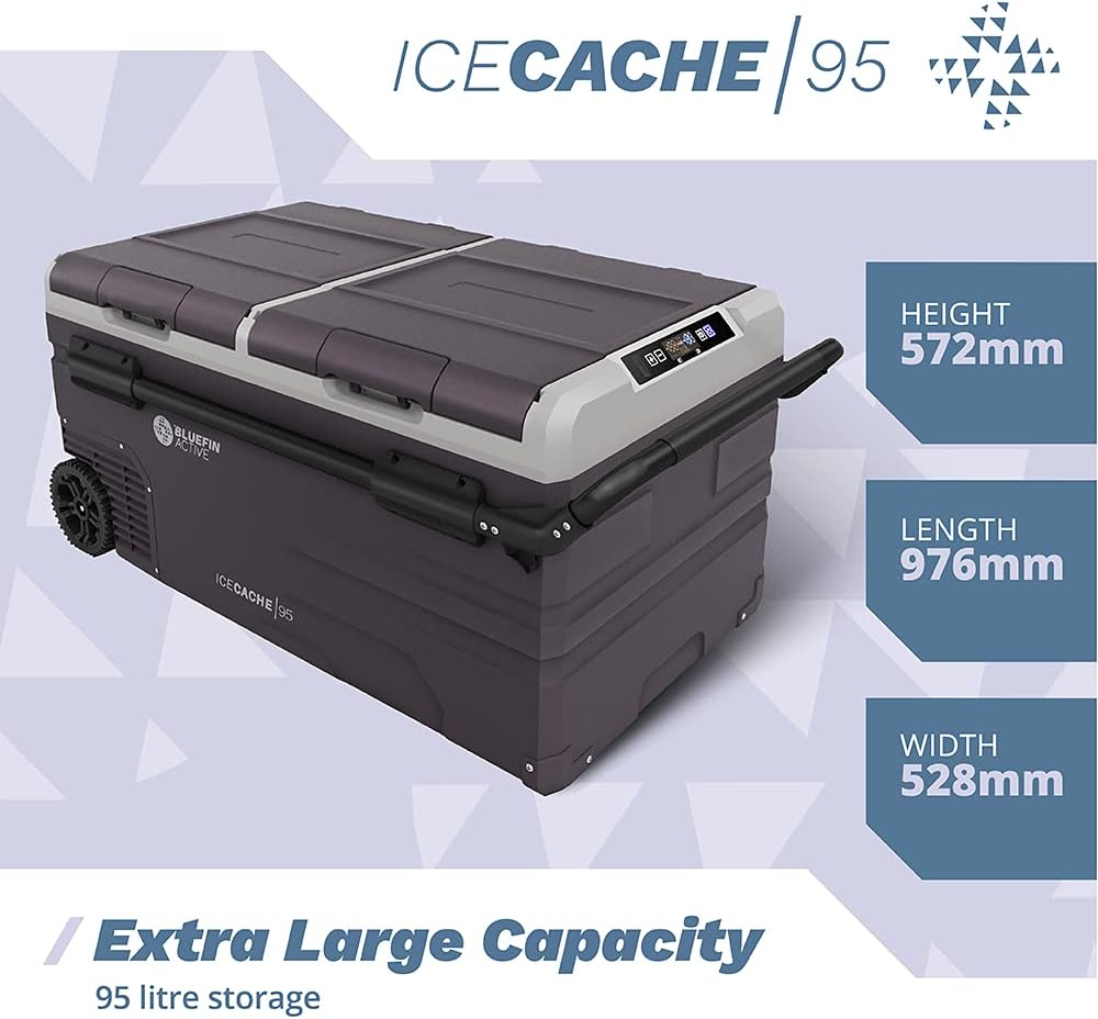 Bluefin Active Ice Cache 95L | Portable Travel Fridge | Advanced Cooling & Freezing Technology | Energy Efficient Charging | Dual Storage Compartments | Smartphone App Control | LCD | AC & DC