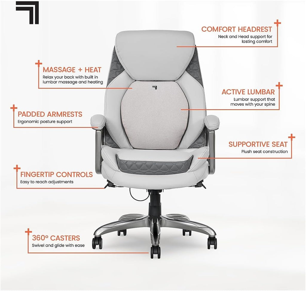 Sharper Image S600 Active Lumbar Ergonomic Bonded Leather Swivel Executive Massage Chair, White/Gray