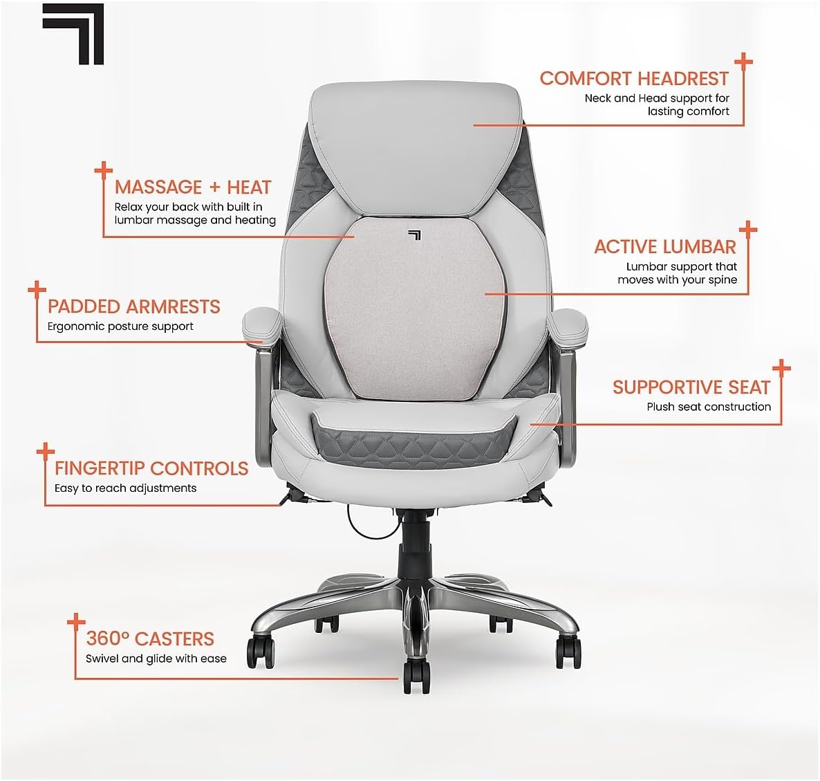 Sharper Image S600 Active Lumbar Ergonomic Bonded Leather Swivel Executive Massage Chair, White/Gray
