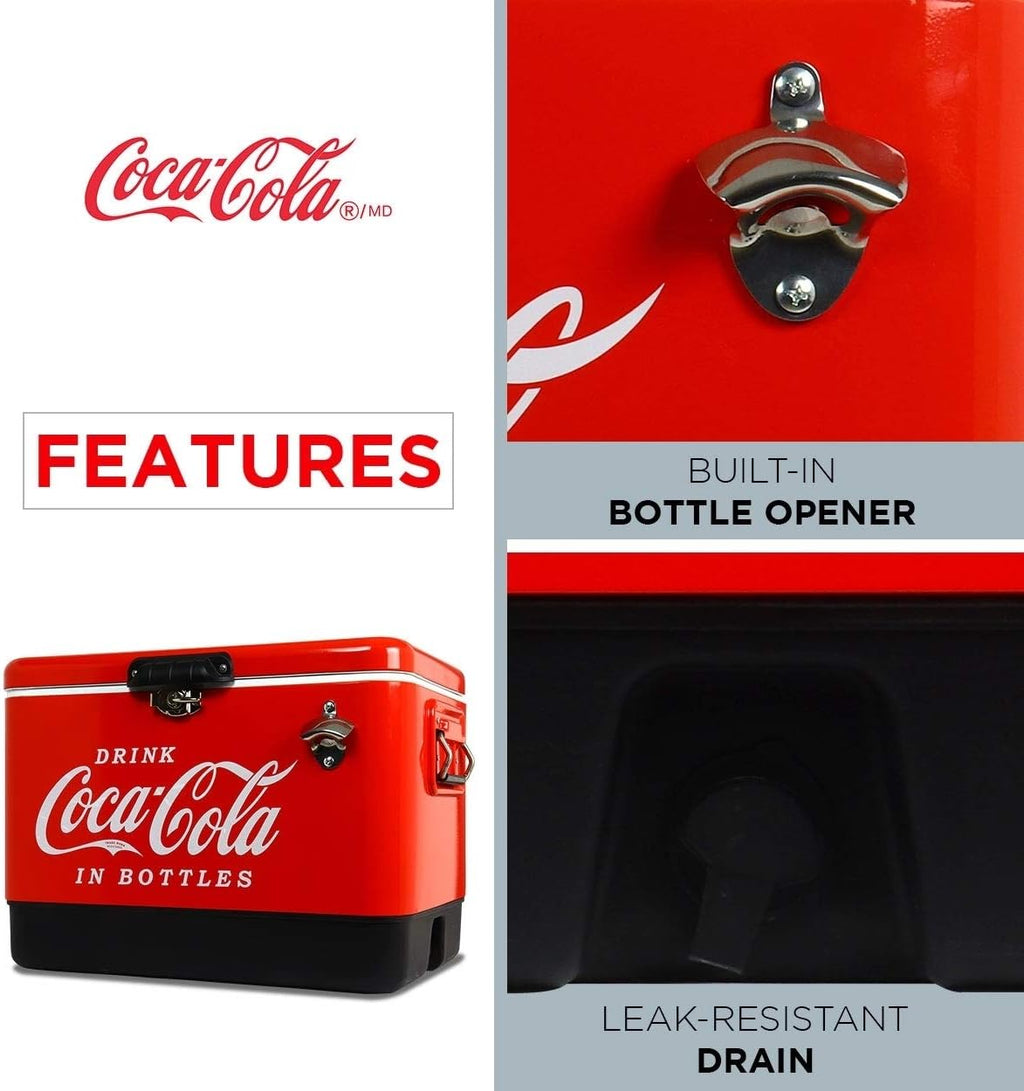 Coca-Cola Ice Chest Cooler - Portable Ice Bucket with Bottle Opener, Vintage Style, Insulated for Camping, Beach, Picnic, RV, BBQs, Tailgating, Fishing, Stainless Steel 85 Can Ice Box, 51L (54 qt)