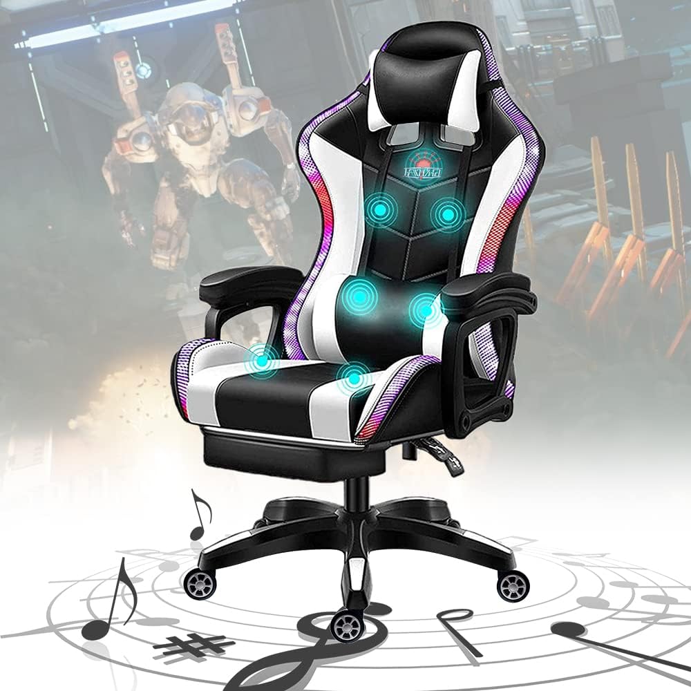 LED Gaming Chair with Speakers, Ergonomic Video Game Chair, Racing Office Chair PU Leather Recliner Computer Chair Swivel E-Sports Chair with Headrest Lumbar Support,White