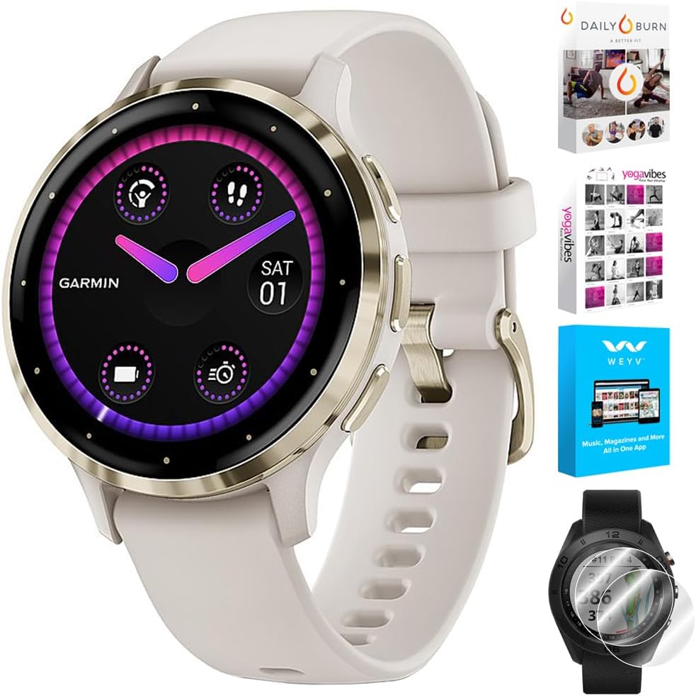 Garmin 010-02785-04 Venu 3S Health Fitness GPS Smartwatch Gold Steel Bezel with Ivory Case 41mm | Official USA Partner Model | Bundle with Deco Screen Protector, Fitness & Wellness Suite