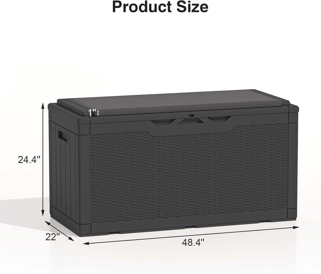 Patiolife 100 Gallon Resin Deck Box with Cushion, Large Outdoor Storage Box for Garden Tools, Pool Supplies, Waterproof and Lockable, Black