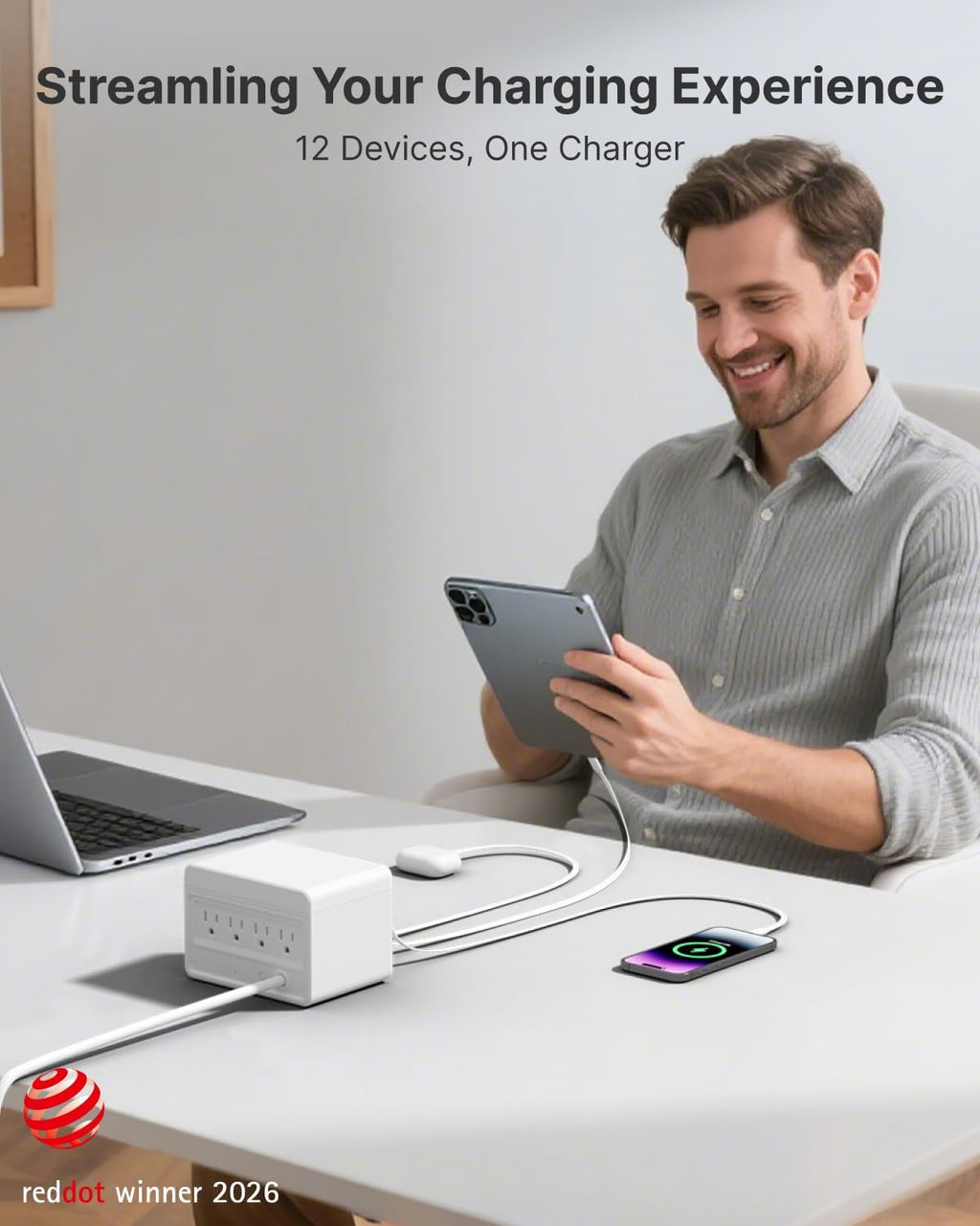 Gitryin 12-in-1 Desktop Charging Station with 4 Retractable Wall Chargers, 40W USB-C Power Strip with 4 AC, 4 USB C, 4 Type-C 33.5in Cables, Extension Cord with 1020J Surge Protection for Home Office