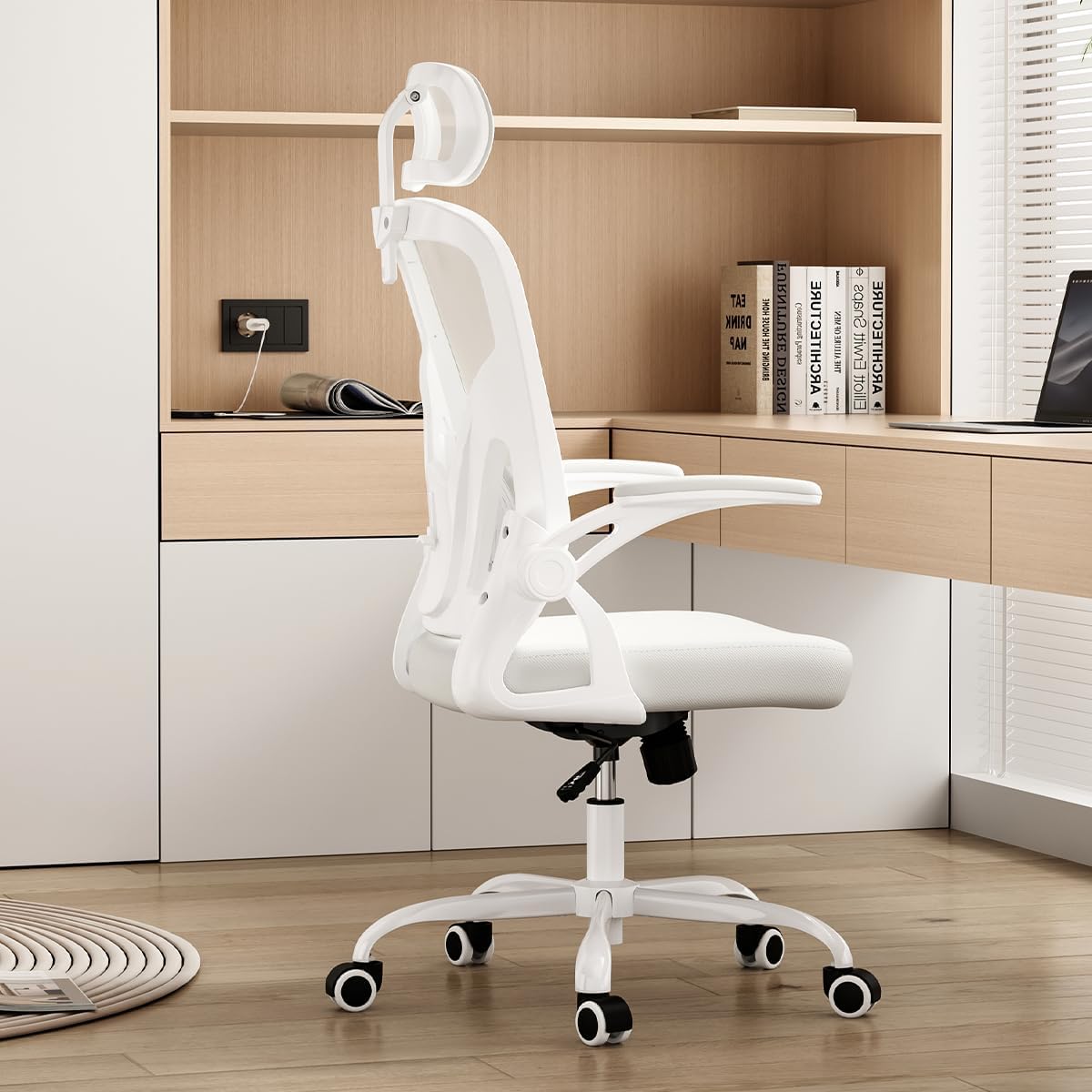 Farini Ergonomic Office Chair, Home Office Desk Chair with Headrest, High Back Swivel Computer Chair with Armrests and Adjustable Lumbar Support for Home Office Study Room, White & White