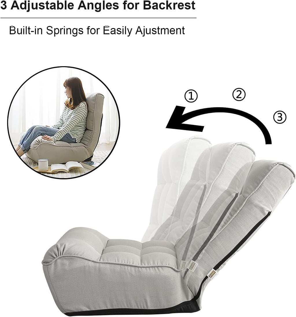Indoor Chaise Lounge Chair, 3 Angles Adjustable Floor Chair, Folding Lazy Sofa Couch for Teens and Adults, Cushion Padded Comfy Chair for Living Room and Bedroom (Light Grey)