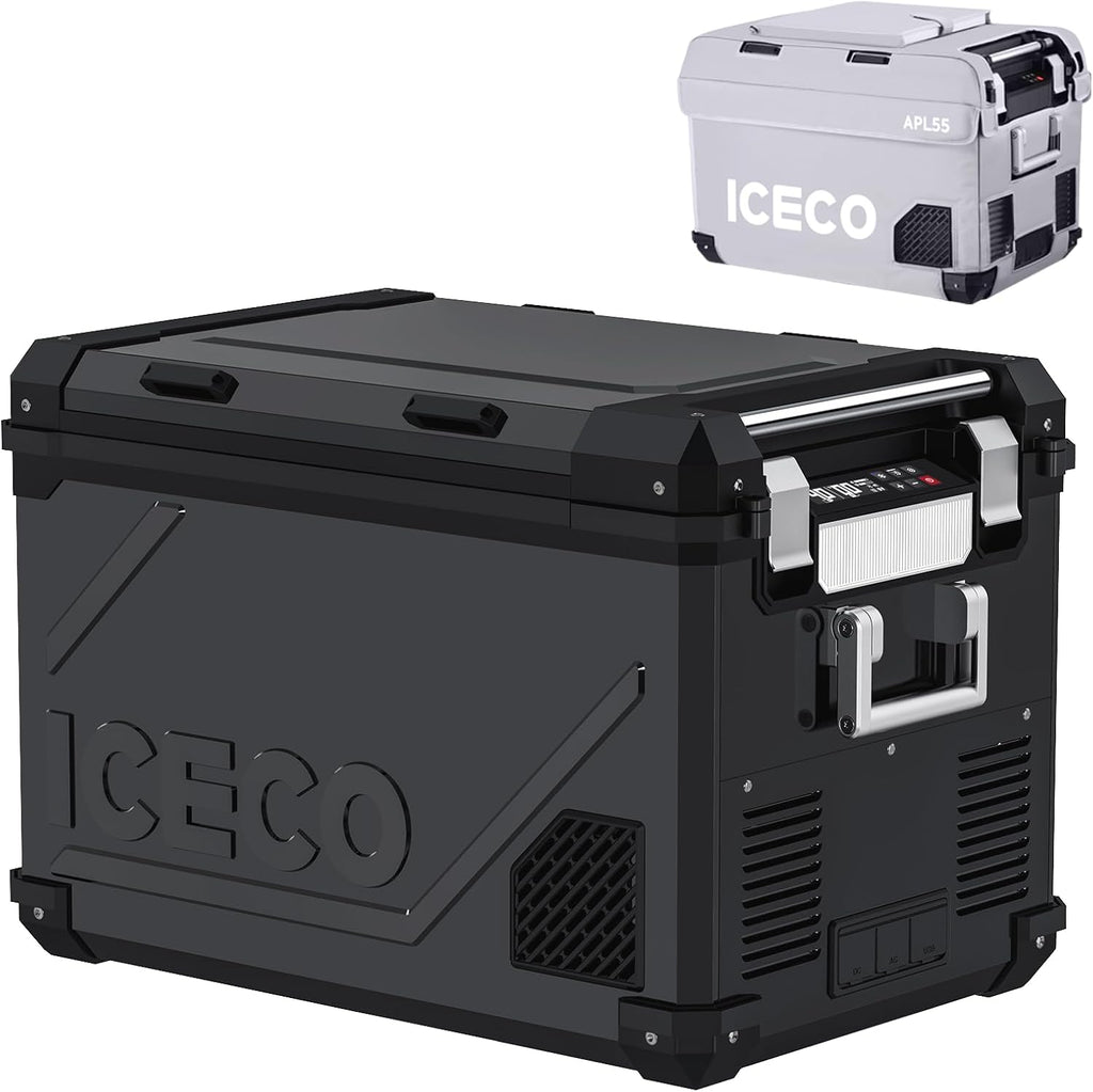 ICECO APL55 58 Quart Portable freezer Car Refrigerator with SECOP Compressor Dual Zone Cooler | AC 110V/ DC 12V | 0℉ to 50℉ | True Freezer for Car, Home, Camping, RV | With Cover | Black