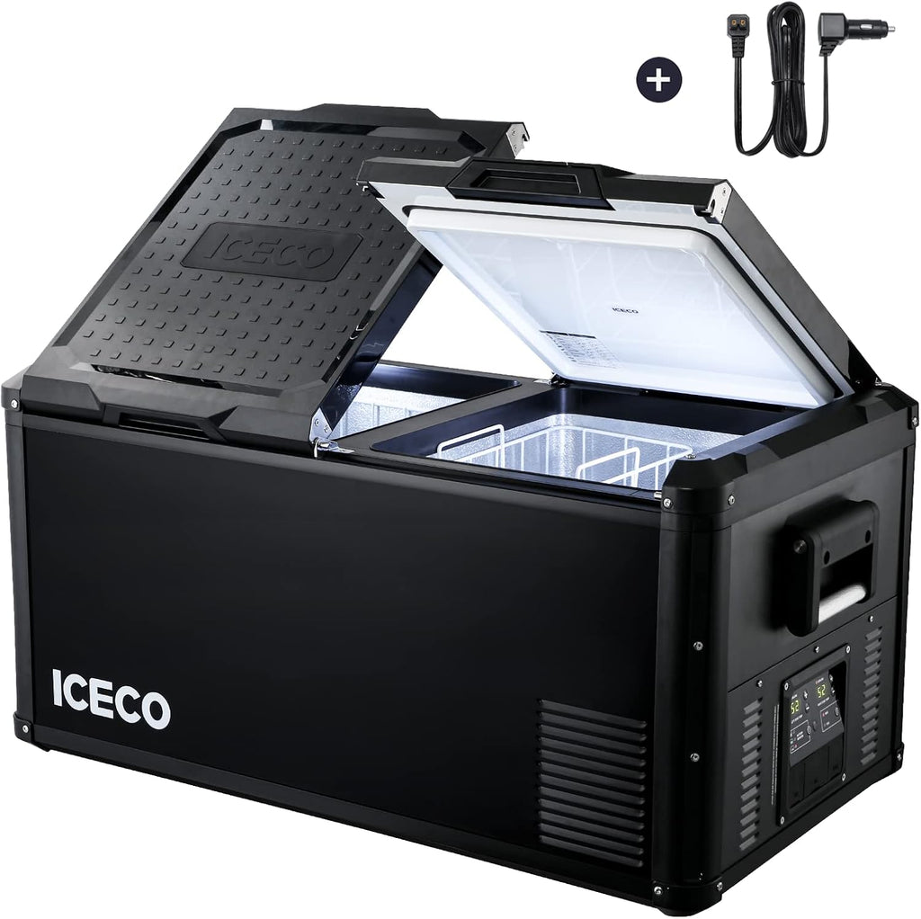 ICECO VL 75 PRO 79 Quart Portable Refrigerator Double Zone with SECOP Compressor, 12 Volt Freezer for Car, Home, Camping, RV, 0°F to 50°F, 12/24V DC, 100/240V AC & 12V DC Power Cable For Car Use