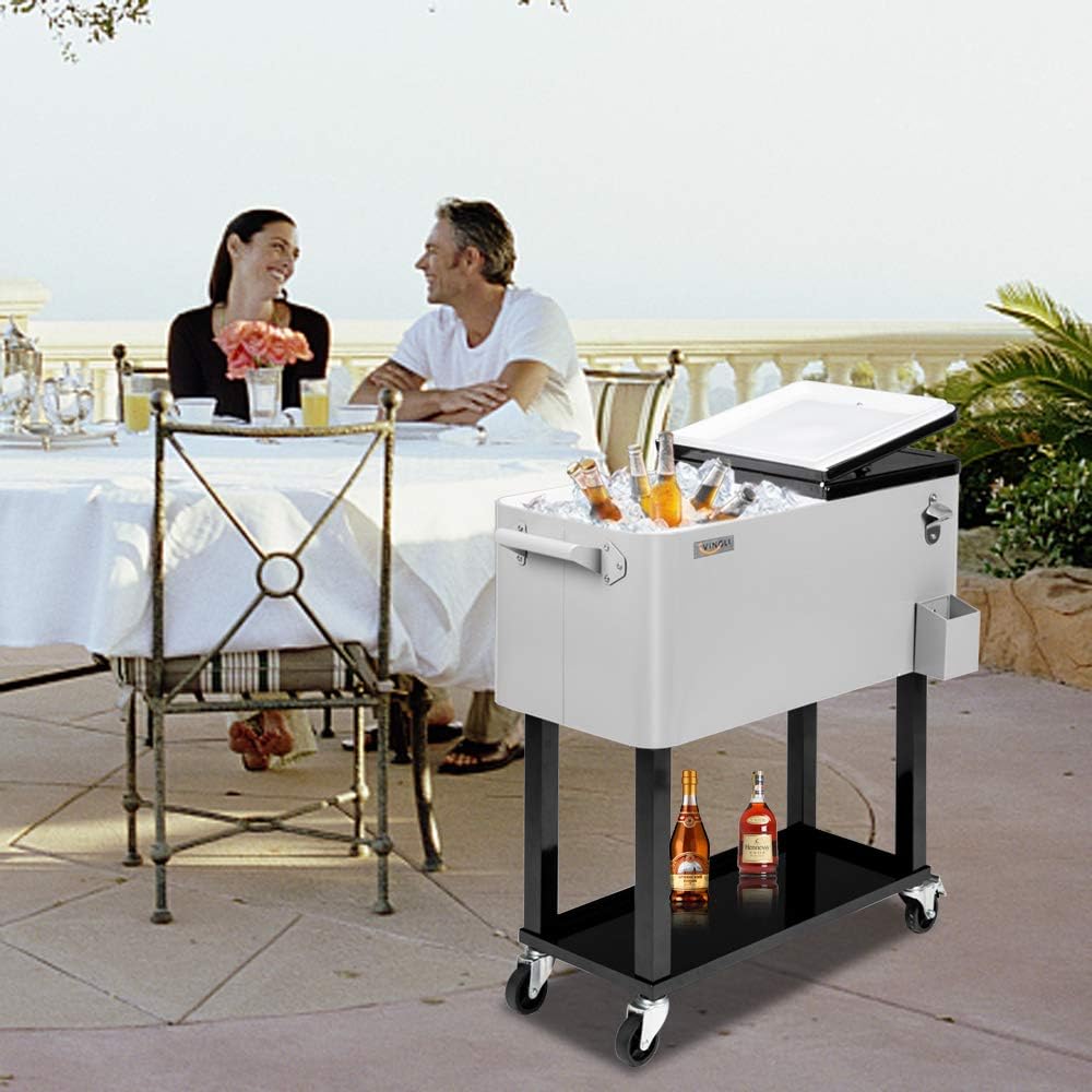 VINGLI Rolling Ice Chest, Portable Patio Party Bar Drink Cooler Cart, with Shelf, Beverage Pool with Bottle Opener