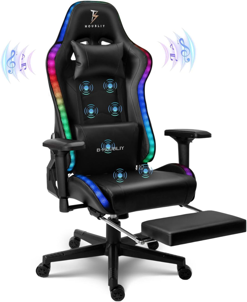 Computer Chair with Speakers Gaming Chair with RGB Lights and 7-Point Massage, High Back Ergonomic Video Game Chair, Reclining Gaming Chair with Footrest & 4D Armrests for Adults,Black