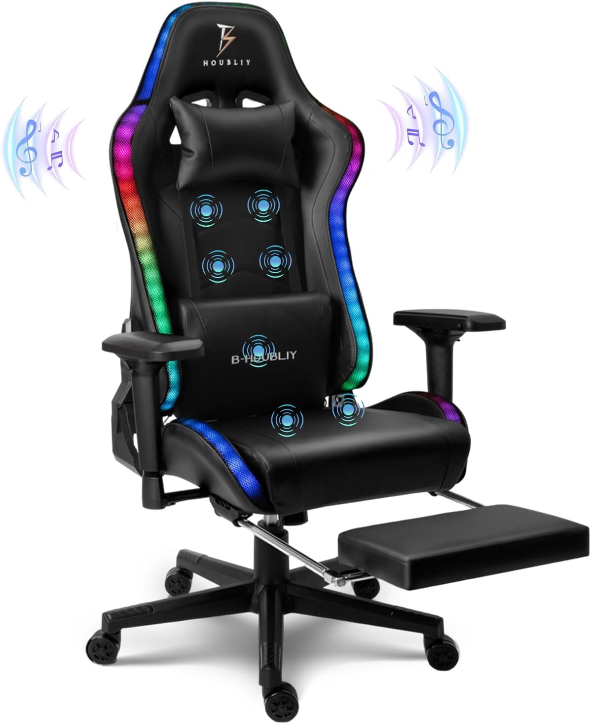 Computer Chair with Speakers Gaming Chair with RGB Lights and 7-Point Massage, High Back Ergonomic Video Game Chair, Reclining Gaming Chair with Footrest & 4D Armrests for Adults,Black