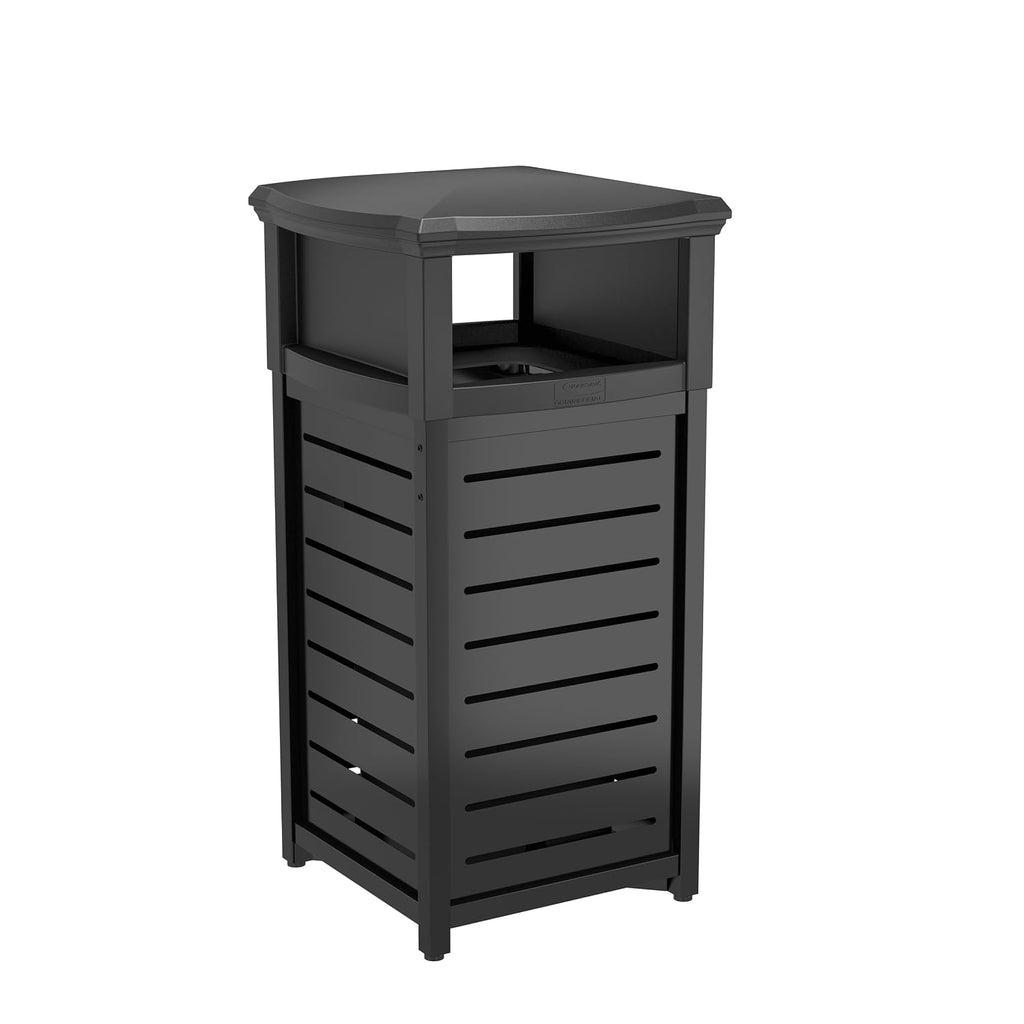 Suncast Commercial Products 30-Gallon Metal Outdoor Trash Can with Two-Way Lid, Adjustable Feet, and Removable Liner, Covered Design, Black, Made in the USA
