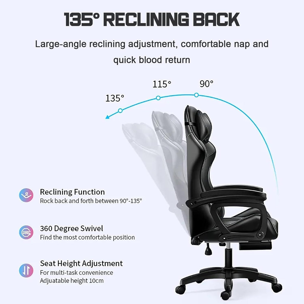 Video Game Chairs with Footrest,Gaming Chair with Bluetooth Speakers - Lumbar Support Ergonomic High Back Computer Chair 60° Swivel RGB Gaming Racing Chair for Gaming,Black