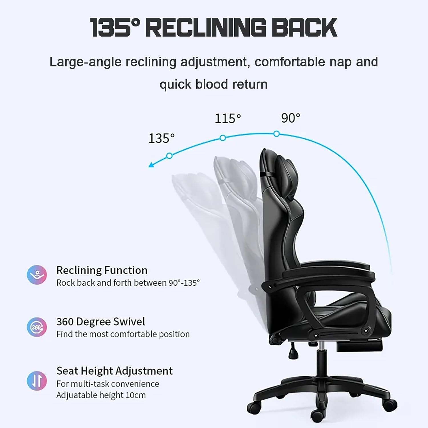 Video Game Chairs with Footrest,Gaming Chair with Bluetooth Speakers - Lumbar Support Ergonomic High Back Computer Chair 60° Swivel RGB Gaming Racing Chair for Gaming,Black