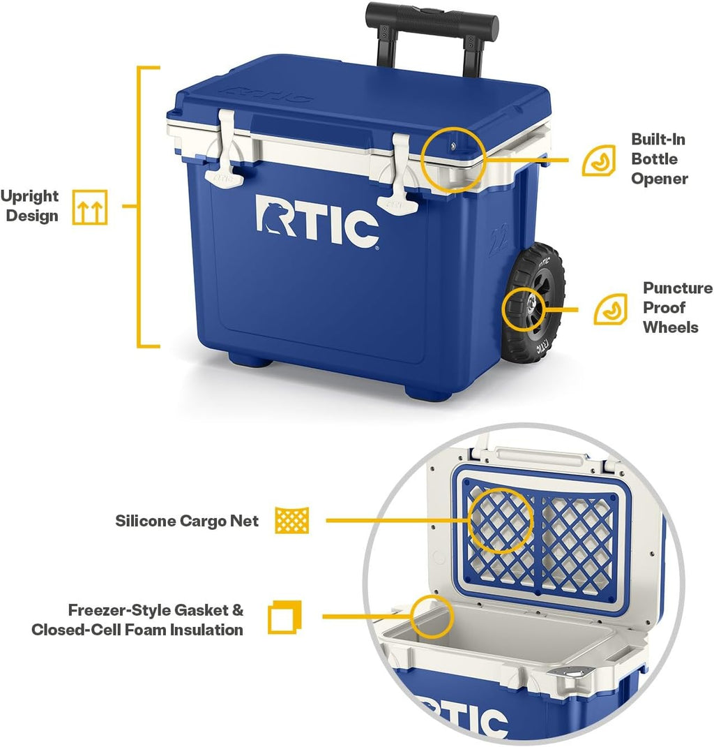RTIC 22 QT Ultra-Light Wheeled Cooler with Handle, Hard Insulated Portable Ice Chest Box for Beach, Drink, Beverage, Camping, Picnic, Fishing, Boat, Barbecue