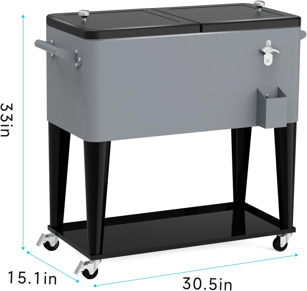 80 Quart Rolling Ice Chest Cart, Portable Outdoor Beverage Cooler with Bottle Opener & Cap Collector & Storage Shelf for Patio Party & BBQ & Beach Activities(Silver)