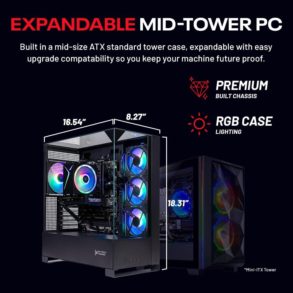 Skytech Gaming Shadow 5 Gaming PC, AMD Ryzen 7 8700F 4.1GHz, NVIDIA RTX 5060 Ti 8GB VRAM, 1TB NVMe SSD, 16GB DDR5 RAM 6000, 750W Gold PSU, WI-FI 5, Windows 11, Desktop