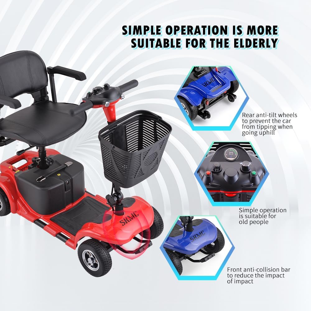 Mobility Scooter for Adults, Senior, 4 Wheels Electric Powered Chargeable Device for Travel, Lightweight and Portable, with LED Headlights and Basket, Charger Included, Red/Blue (RED red)