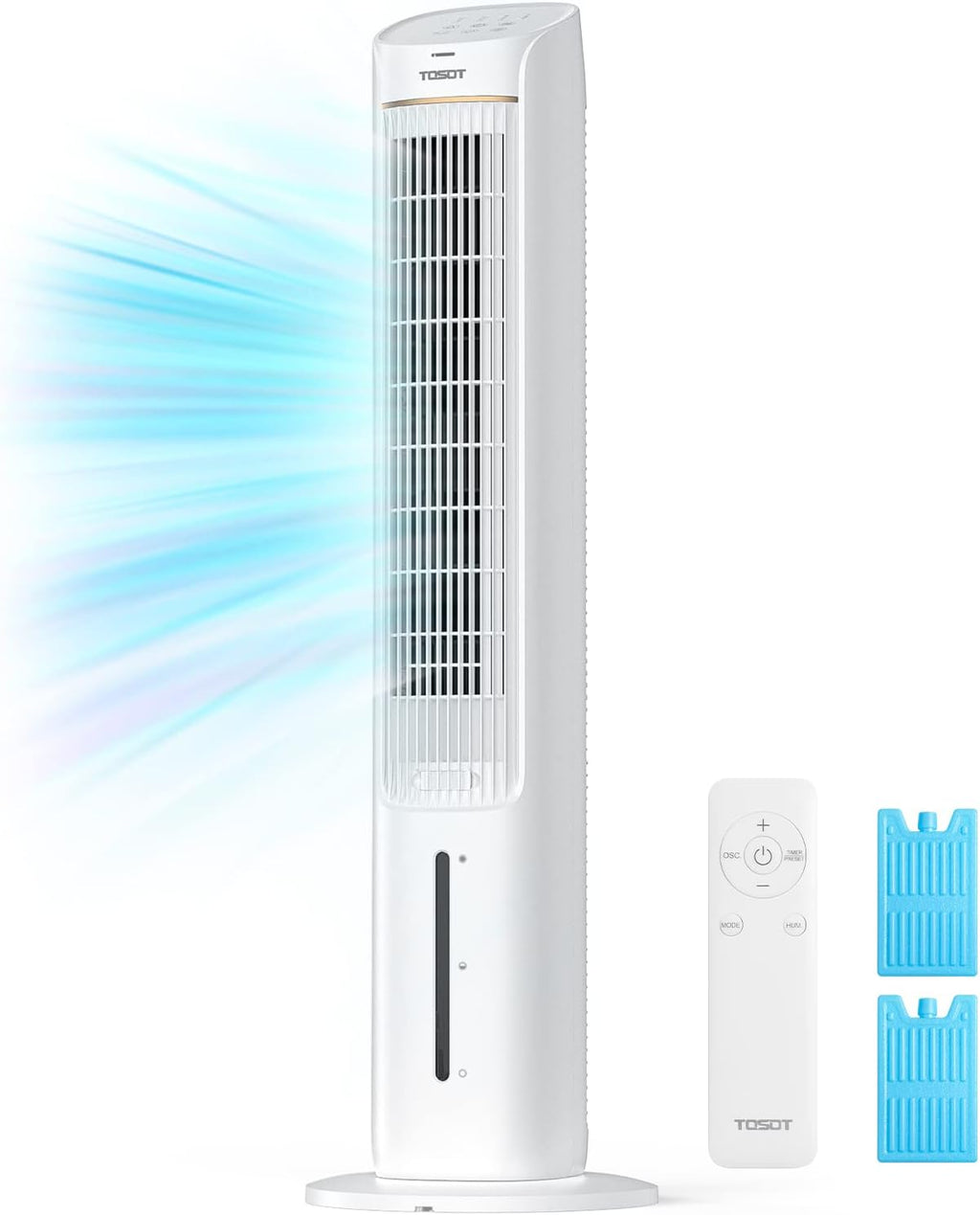 TOSOT Evaporative Air Cooler, 43' Tower Fan Oscillating 80°, 3 Speed Quiet Cooling Fan with 2 Ice Packs, Remote Control, Removable 4L Water Tank, Mist Floor Fan for Home Bedroom