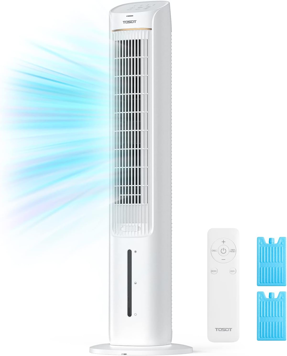 TOSOT Evaporative Air Cooler, 43' Tower Fan Oscillating 80°, 3 Speed Quiet Cooling Fan with 2 Ice Packs, Remote Control, Removable 4L Water Tank, Mist Floor Fan for Home Bedroom