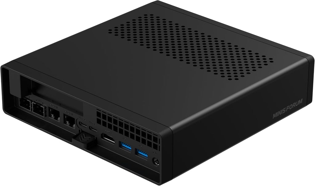 MINISFORUM Mini PC MS-A2 Barebone with AMD Ryzen 9 7945HX (16 C/32T, 64 MB L3, up to 5.2GHz), PCIe × 16, HDMI/2XUSB-C (8K@60 Hz), 2 x SFP+ 10 G,2xLAN 2.5 G,3xSSD M.2 (2280/22110/U.2),No RAM/SSD/OS