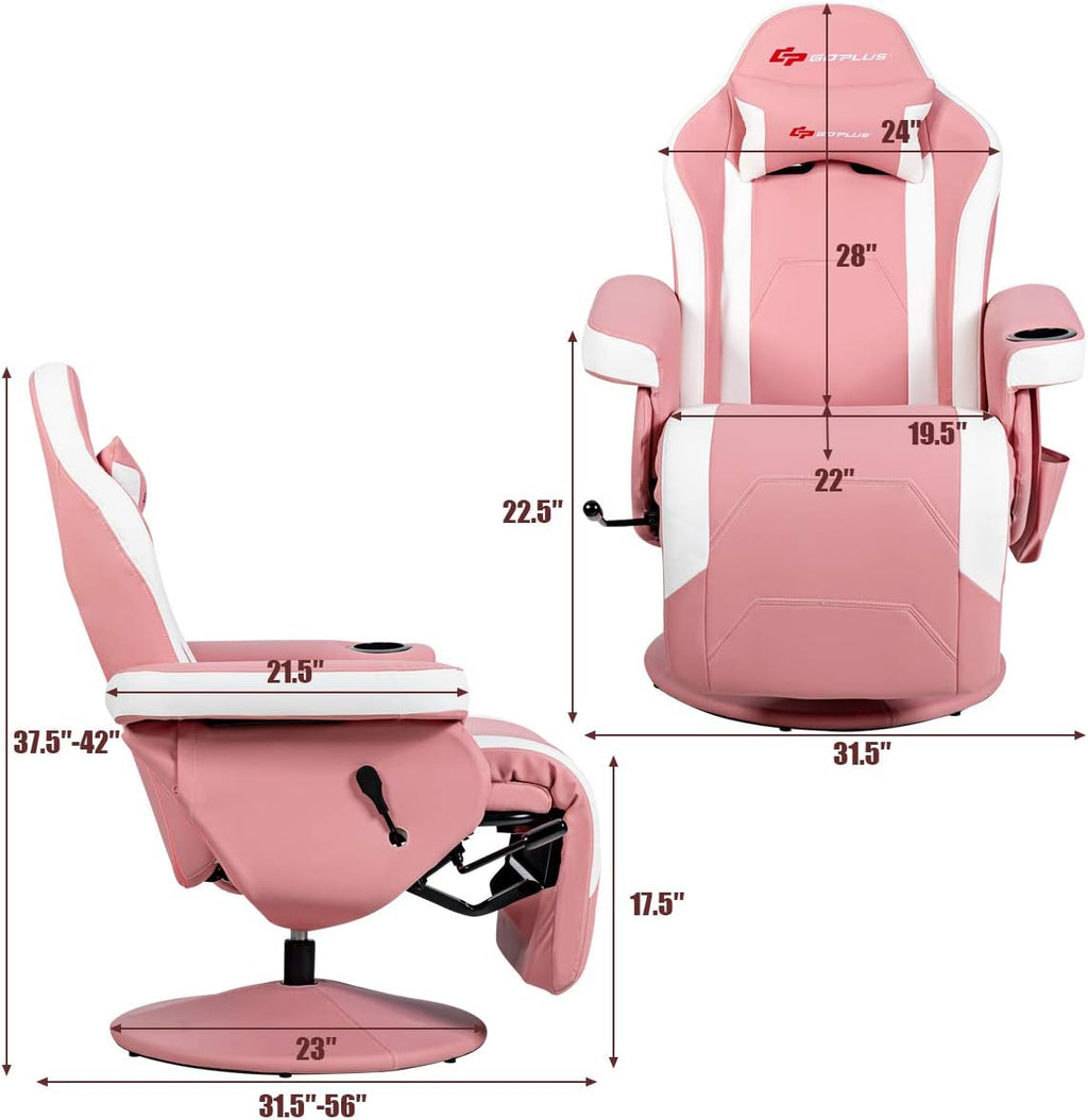 GYMAX Gaming Chair with Footrest, Massage Video Game Chairs for Adults with Remote, Adjustable Backrest, Headrest, Cup Holder & Side Pocket, Ergonomic High Back Office Computer Chair (Pink)