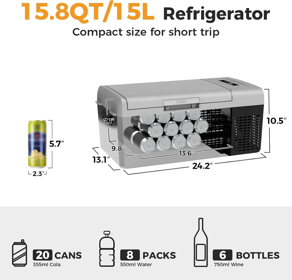 Setpower FC15 Portable 12v Refrigerator with Slide, -4℉-68℉ Fast Cooling Car Refrigerator, 15L/15.8Qt Car Fridge Portable Freezer with 12/24V DC & 110/240V AC, Electric Cooler (Black&Grey)