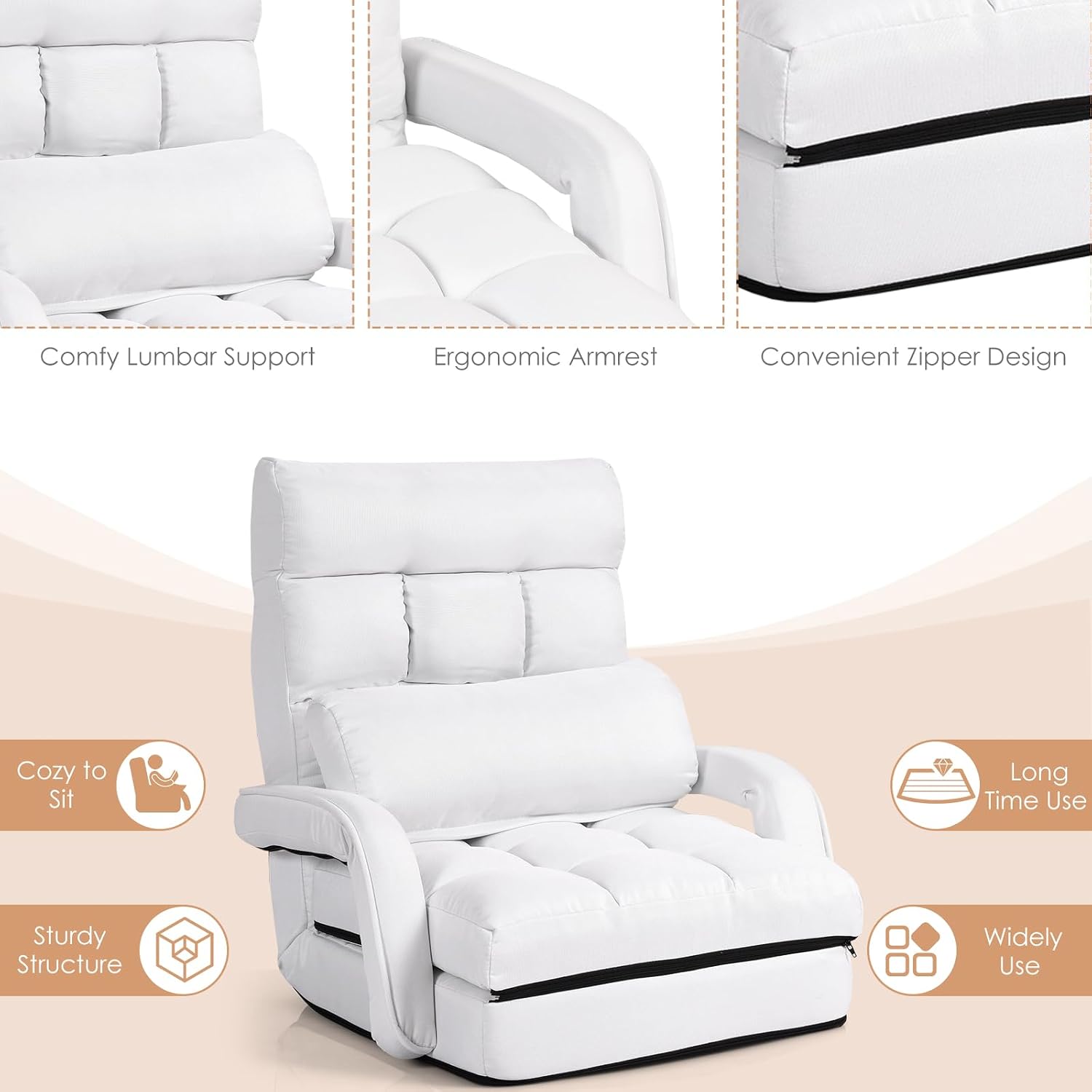 S AFSTAR Indoor Chaise Lounge Sofa, Folding Lazy Sofa Floor Chair with 6-Position Adjustable Backrest Lumbar Pillow, Folding Padded Lounger Bed with Armrests, Assembly-Free (White)