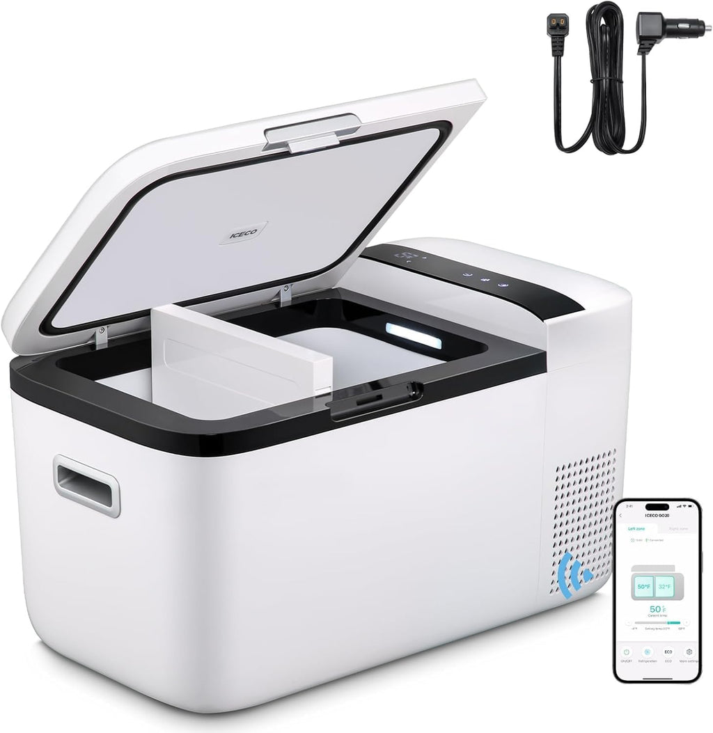ICECO GO20 Dual Zone 12 Volt Refrigerator, 21Qt/20L Portable Fridge Freezer 0℉-50℉ 12/24VDC&110-240VAC, Electric Cooler for Home&Outdoor, with Upgrade DC Cord x 2