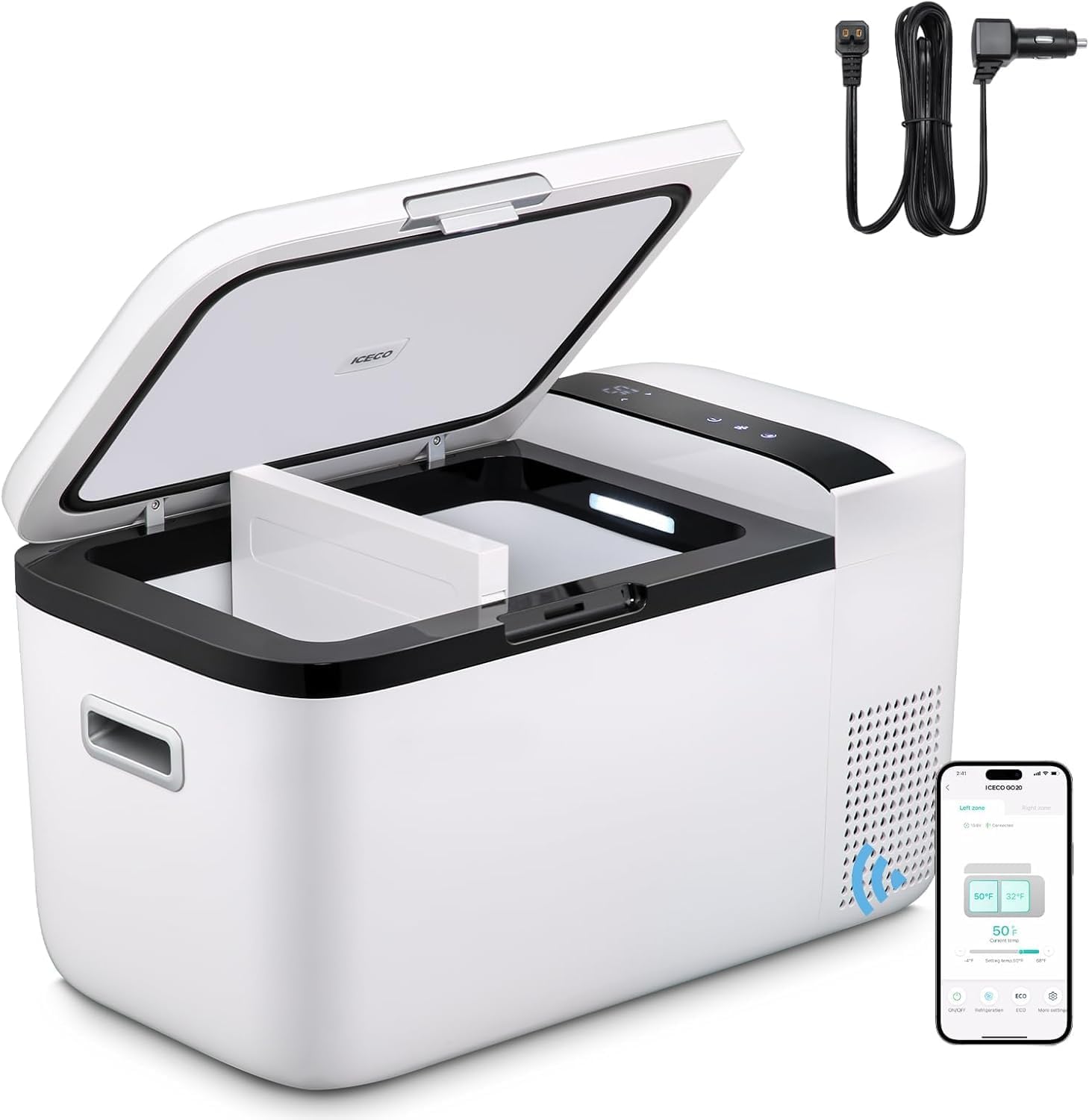 ICECO GO20 Dual Zone 12 Volt Refrigerator, 21Qt/20L Portable Fridge Freezer 0℉-50℉ 12/24VDC&110-240VAC, Electric Cooler for Home&Outdoor, with Upgrade DC Cord x 2