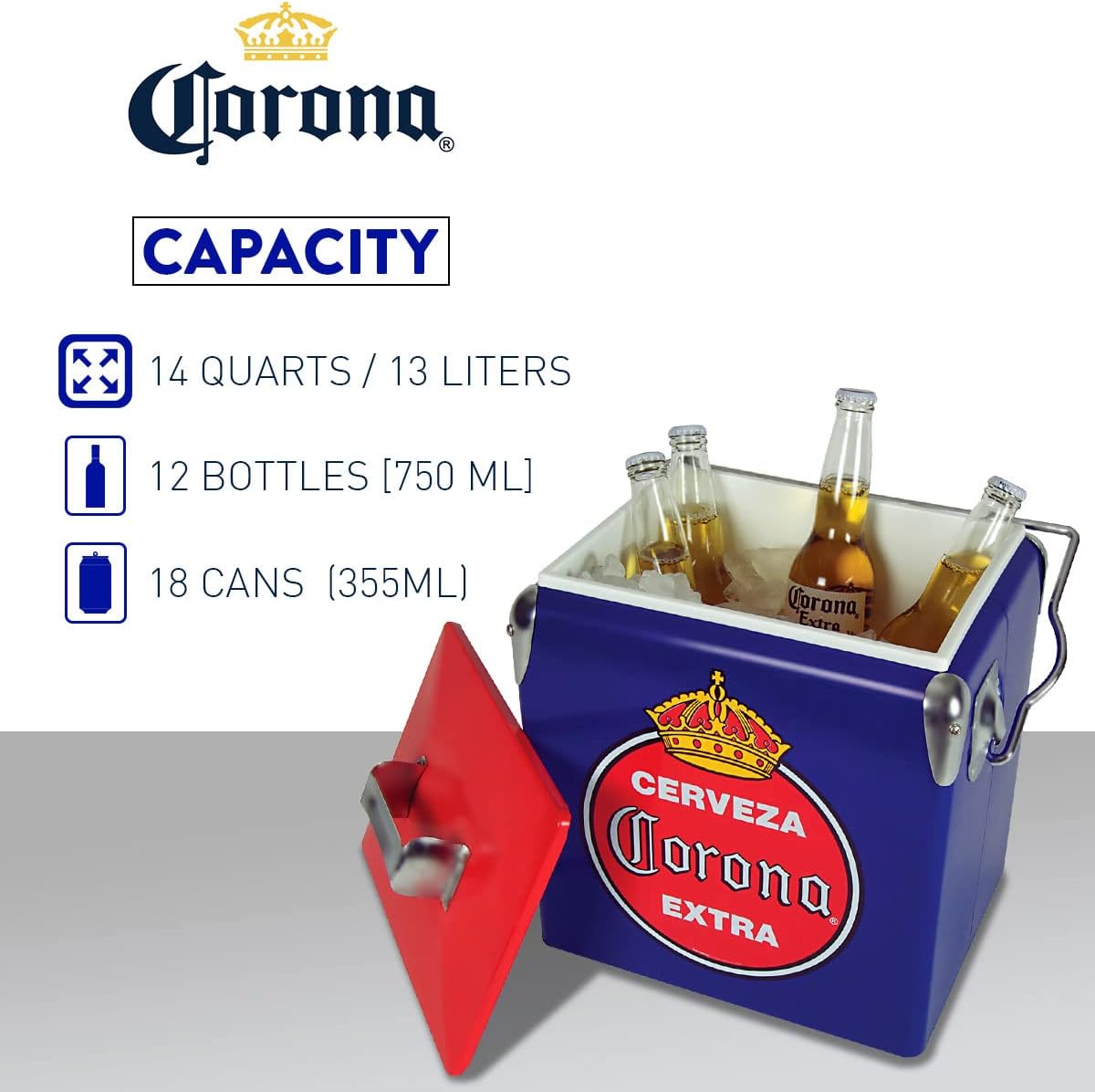 Corona Retro Ice Chest Cooler - Portable Ice Bucket with Bottle Opener, Vintage Style, Insulated for Camping, Beach, Picnic, RV, BBQs, Tailgating, Fishing, 18 Can Ice Box, 13L (14 qt)