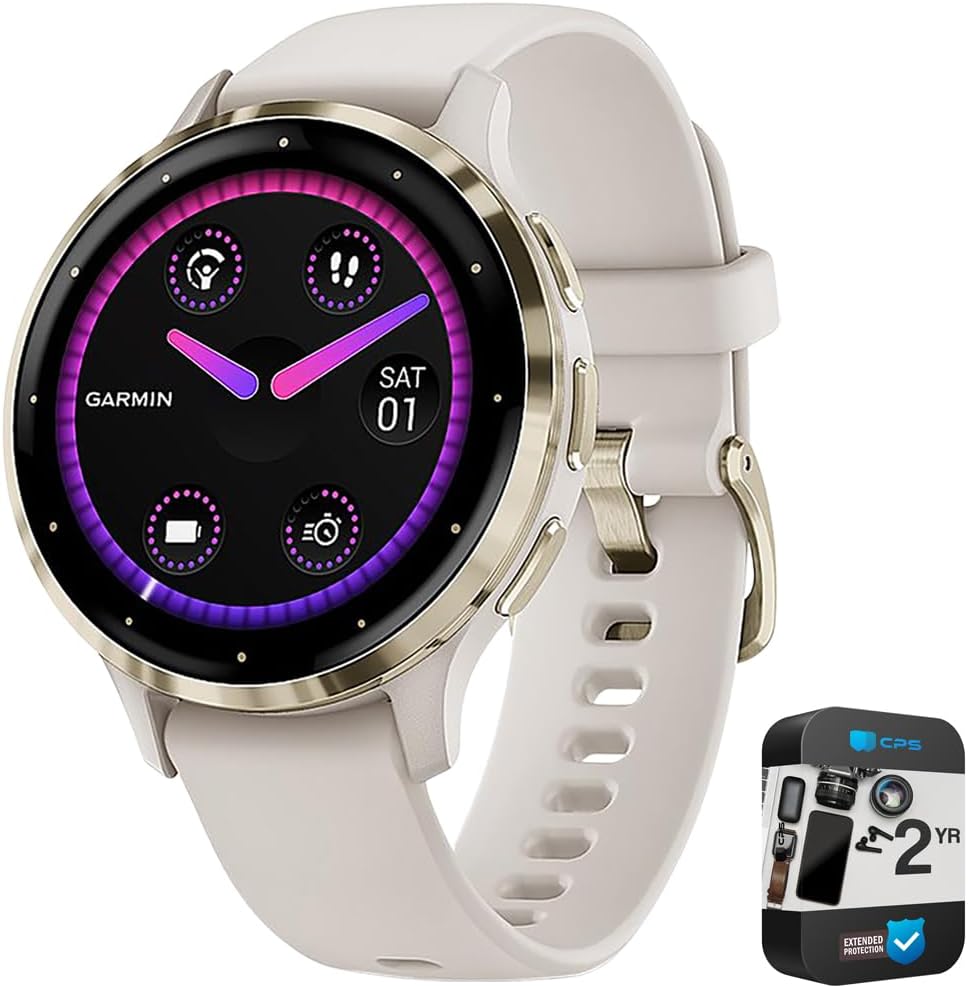 Garmin Venu 3S Fitness GPS Smartwatch Gold Bezel w/Ivory Case (41mm) - Refurbished 010-N2785-04 Bundle with 2 YR CPS Enhanced Protection Pack