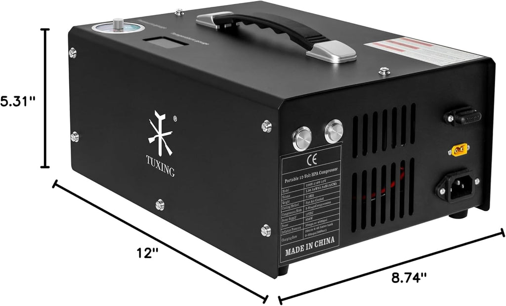 TUXING Portable PCP Air Compressor, 4500Psi/30Mpa, Auto Stop,Built-in Converter Powered by Car 12V DC or Home 110V AC,Paintball Tank Compressor with Extra Moisture-Oil Separator