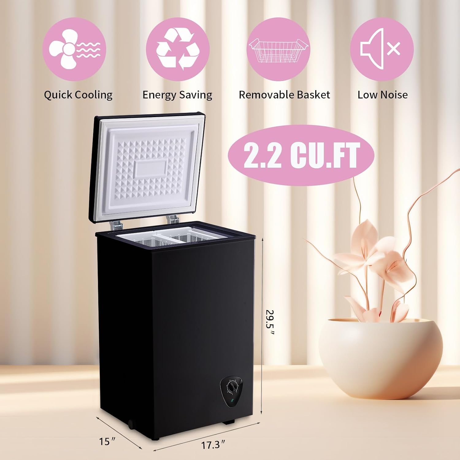 Chest Freezer Small Deep Freezer WANAI 2.2 Cu.Ft Mini Freezer Free-Standing Top Door Freezer Adjustable 7 Thermostat and Removable Basket Open Deep Freezer Apartment Kitchen, Black