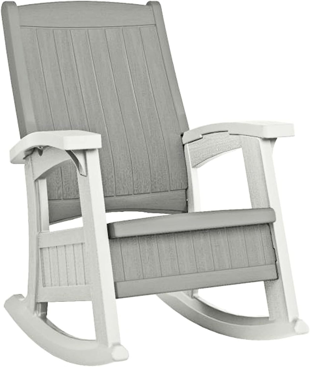 Suncast Outdoor Patio Rocking Chair with Under-Seat Storage, Stylish Faux Wood Outdoor Rocker for Patios, Dove Gray and Ice Cube, Made in The USA