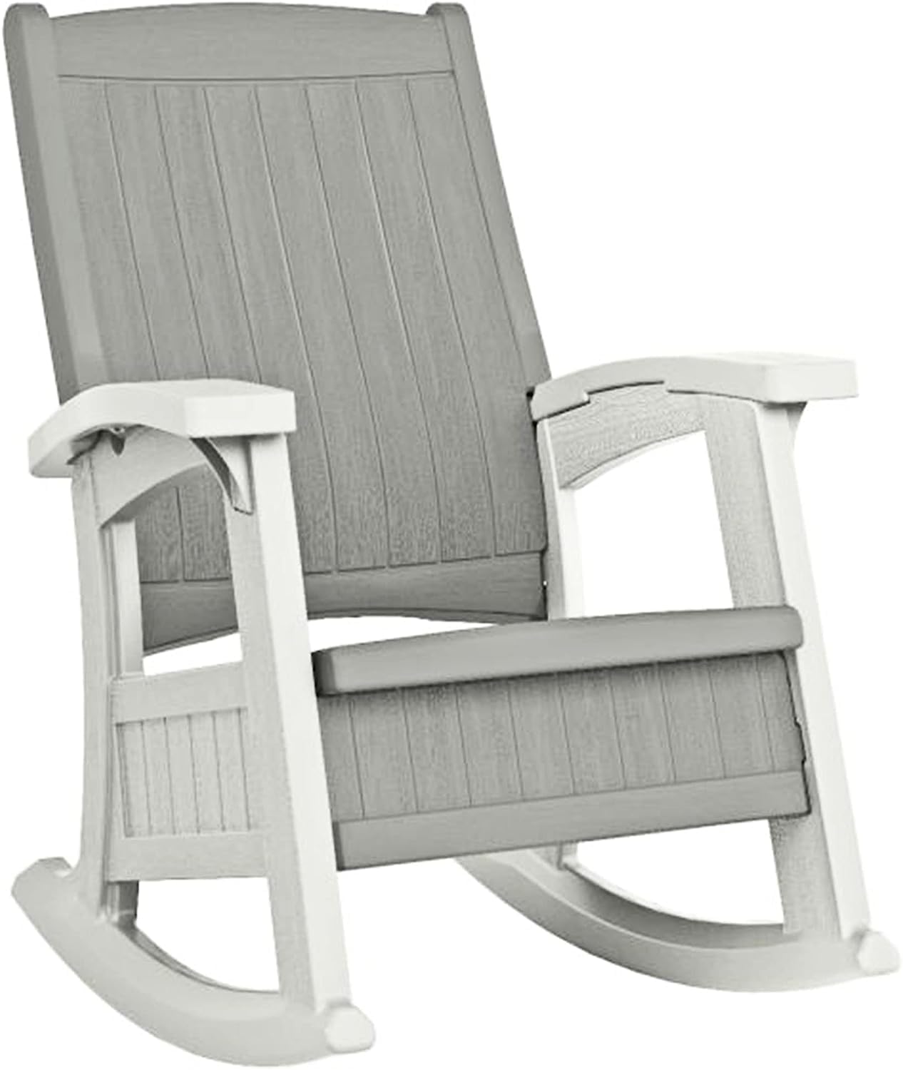 Suncast Outdoor Patio Rocking Chair with Under-Seat Storage, Stylish Faux Wood Outdoor Rocker for Patios, Dove Gray and Ice Cube, Made in The USA