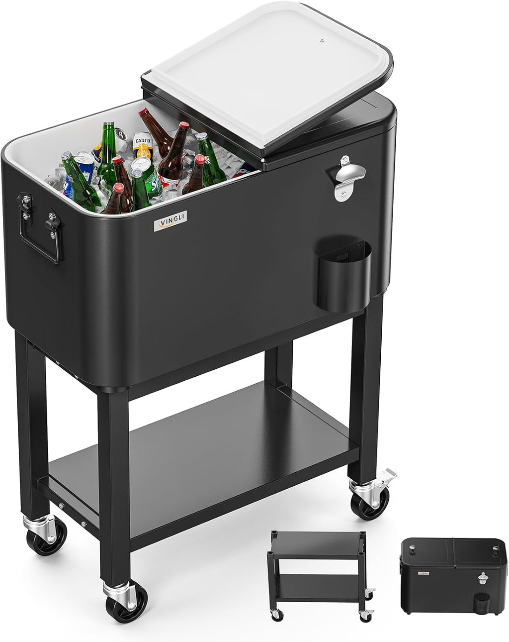 VINGLI Patio Cooler, Rolling Ice Chest on Wheels, Portable Patio Party Bar Drink Cooler Cart, with Shelf, Beverage Pool with Bottle Opener,Water Pipe