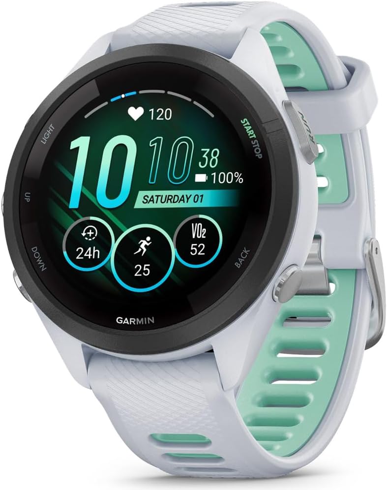 Garmin 010-02810-04 Forerunner 265S GPS Smartwatch, Whitestone/Neo Tropic | Official USA Partner Model | Bundle with Sport Towel + Deco Essentials Wearable Commuter Front & Rear Safety Light