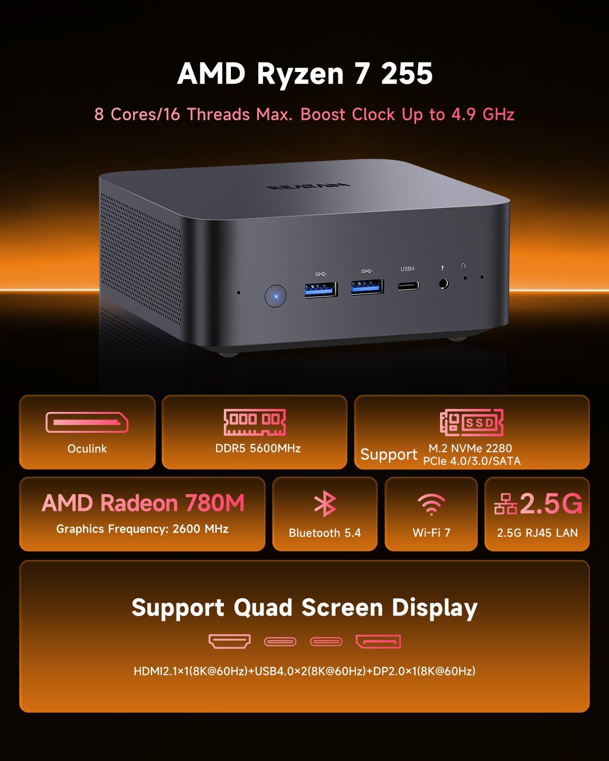 Reatan X7 AI Oculink Gaming Mini PC AMD Ryzen 7 255(Upgraded 8745HS), Barebone Mini PC(NO OS/RAM/SSD), Desktop Mini Computers Radeon 780M Graphics, 2.5G LAN/HDMI 2.1/2 * 8K USB 4.0/Wi-Fi 7/BT5.4