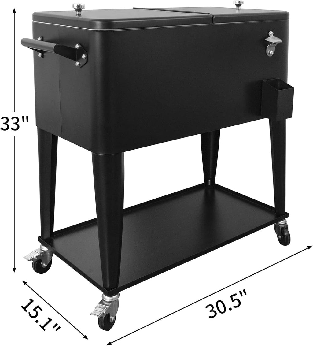 80 Quart Rolling Ice Chest Cooler Cart,for Outdoor Patio Deck Party Portable Party Bar Cold Drink Beverage Cart, Backyard Cooler Trolley on Wheels with Shelf, Bottle Opener