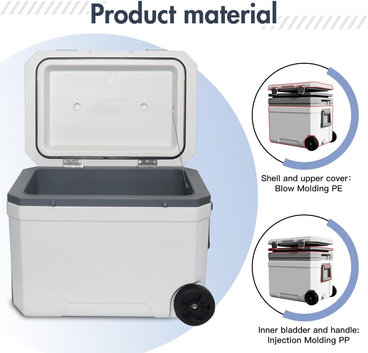 Ultra-Light Wheelded Cooler Insulated Portable Ice Chest 47.5 Quarts for Beach, Beverage, Camping, Beverage, Picnic, Fishing, Boat, Barbecue, 30% Lighter Than Romolded Coolers