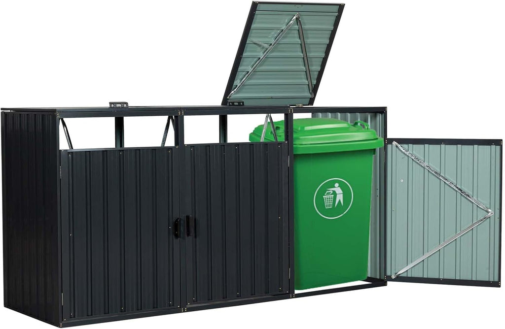 Outdoor Garbage Bin Storage Shed for 3 Trash Cans, Stainless Galvanized Steel Bin Shed with Lockable Doors, Metal Trash Can Hider for Garden Yard Lawn (Black)