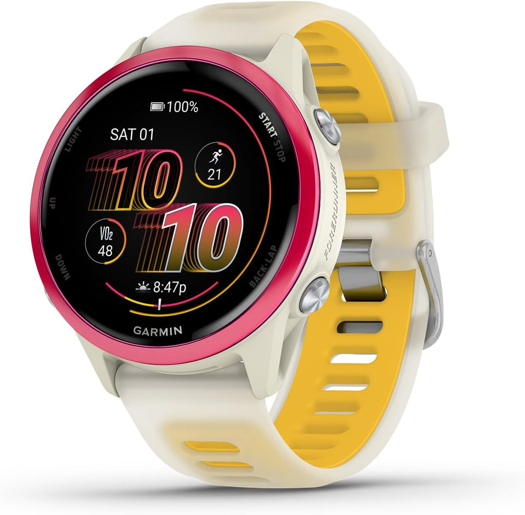 Garmin Forerunner 570 Running Smartwatch, 42MM WiFi, GPS Fitness Smart Watch for Men and Women, Raspberry Aluminum with Translucent Bone/Mango Band + Access 600 Fitness Monitor, M-XL + More
