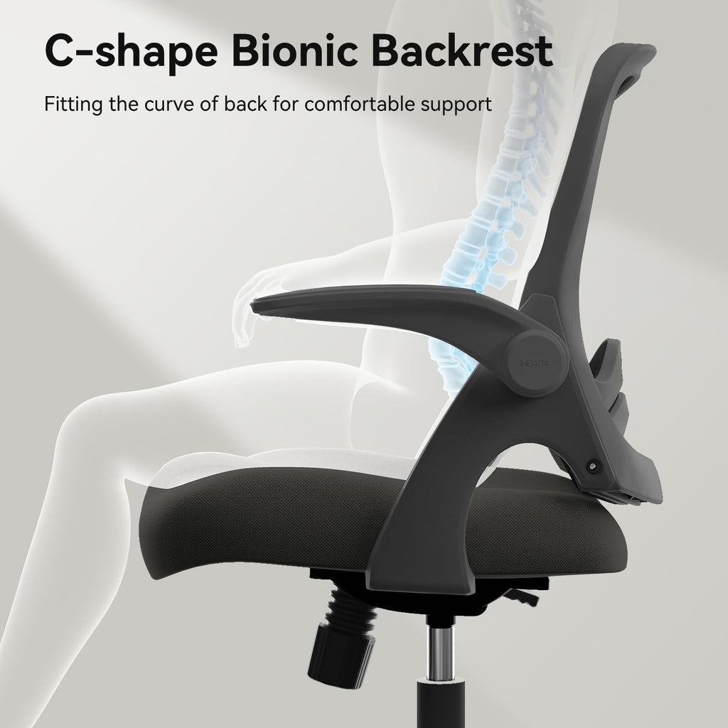 Hbada Office Desk Chair with Flip-Up Armrests and Saddle Cushion, Ergonomic Office Chair with S-Shaped Backrest, Swivel, Mesh, Black